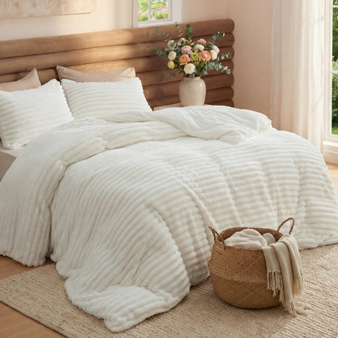 Bedsure front view of cream queen comforter set showing inviting cover
