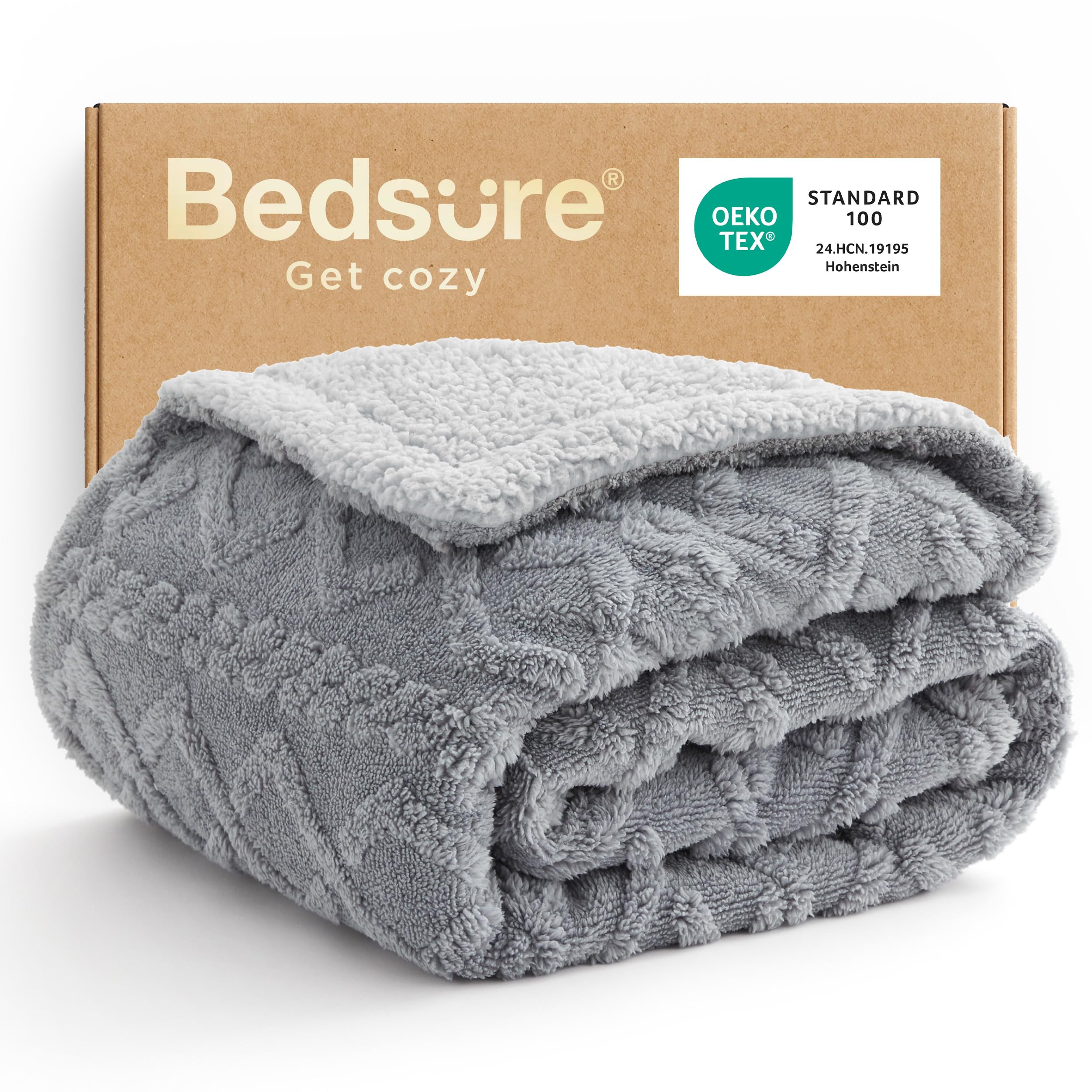 Bedsure front packaging showing twin grey blanket and gift-ready presentation