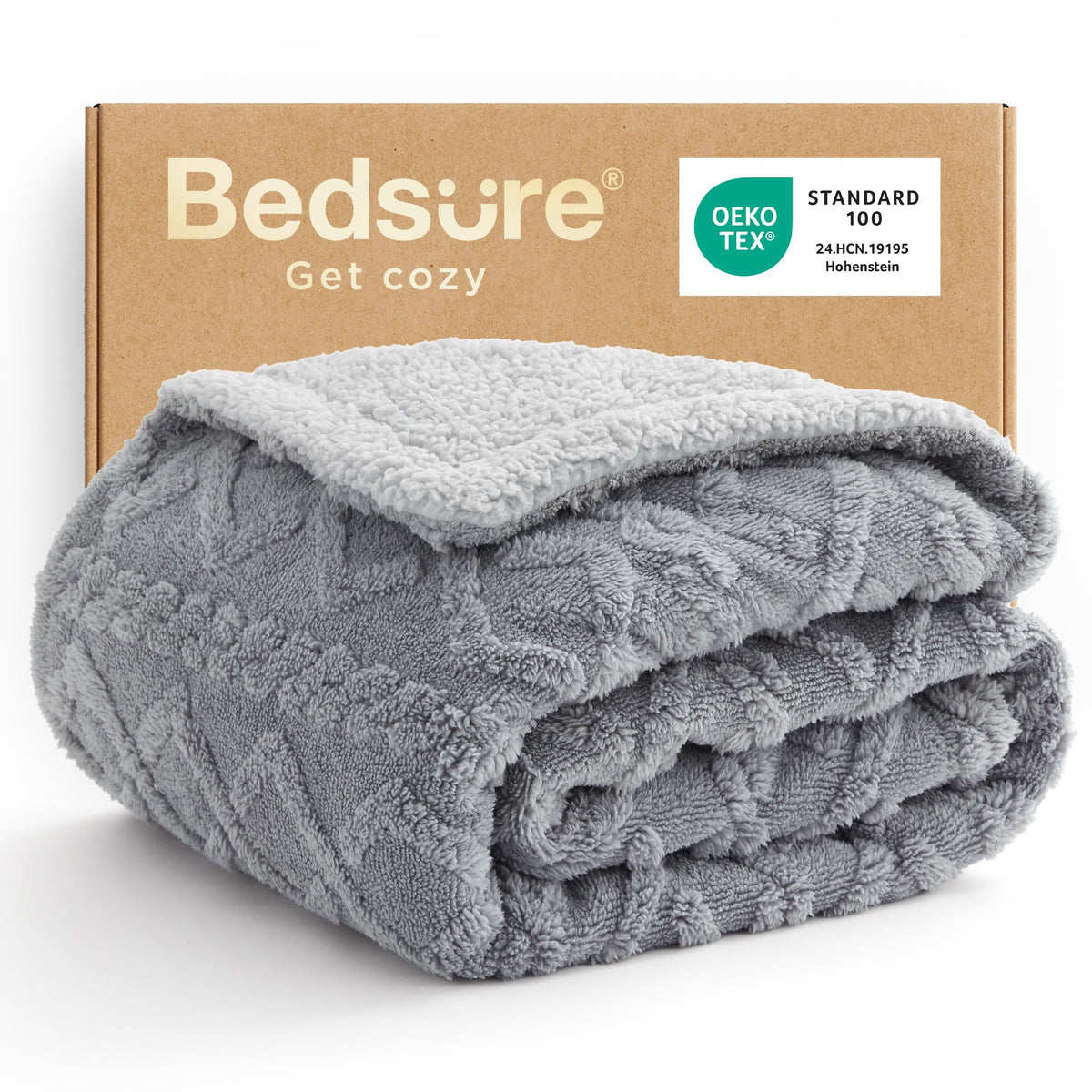 Bedsure front packaging showing twin grey blanket and gift-ready presentation