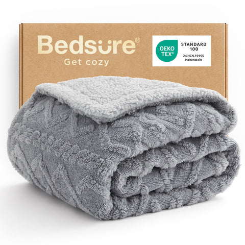 Bedsure front packaging showing twin grey blanket and gift-ready presentation