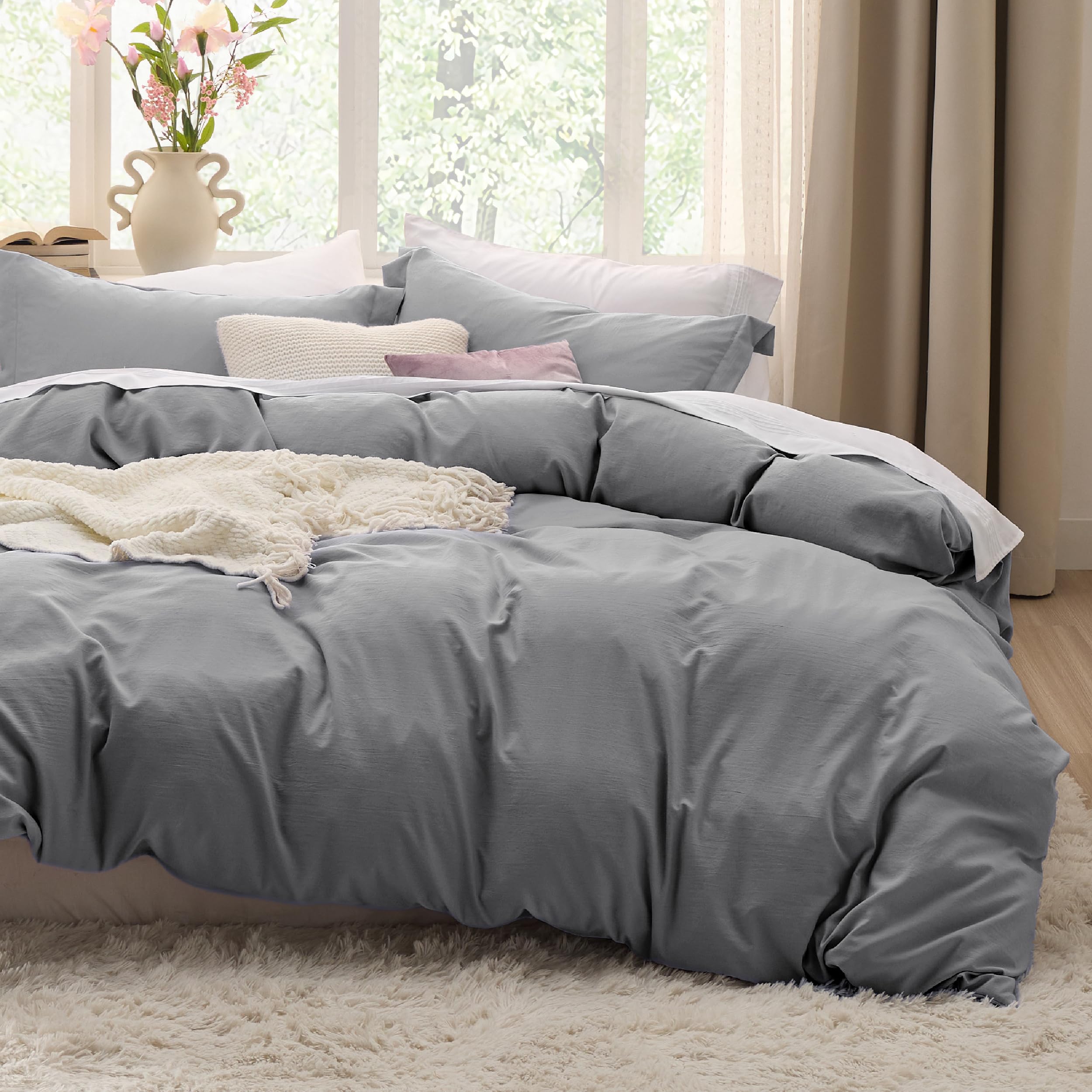 Bedsure front view of grey duvet cover set showing neat packaging and color