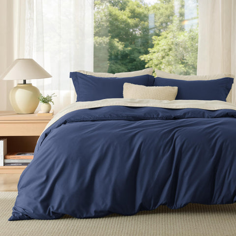 Bedsure king duvet cover front view shows navy finish and neat fit