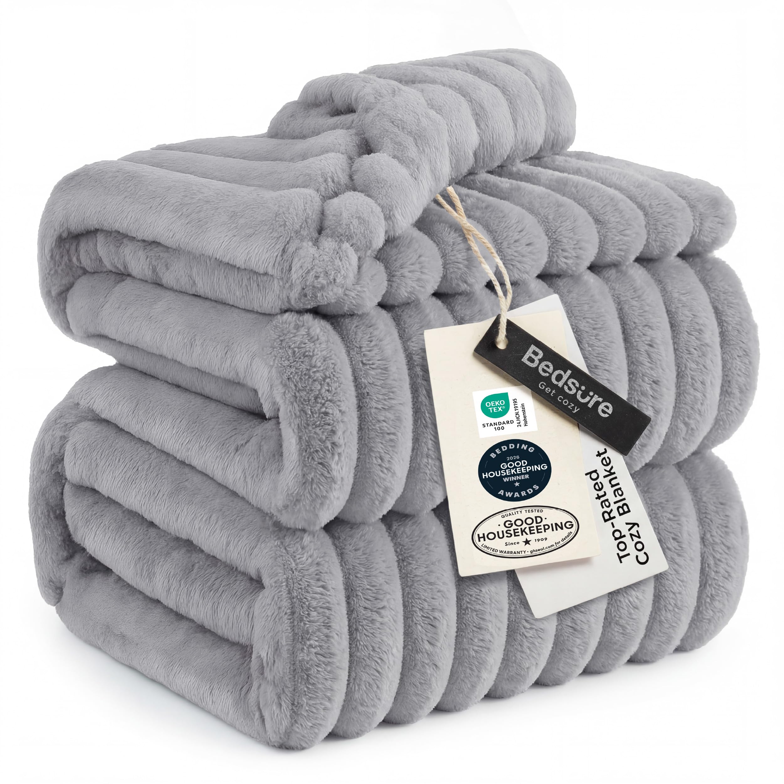 Bedsure front view of light grey king blanket showing neat fold and packaging benefit