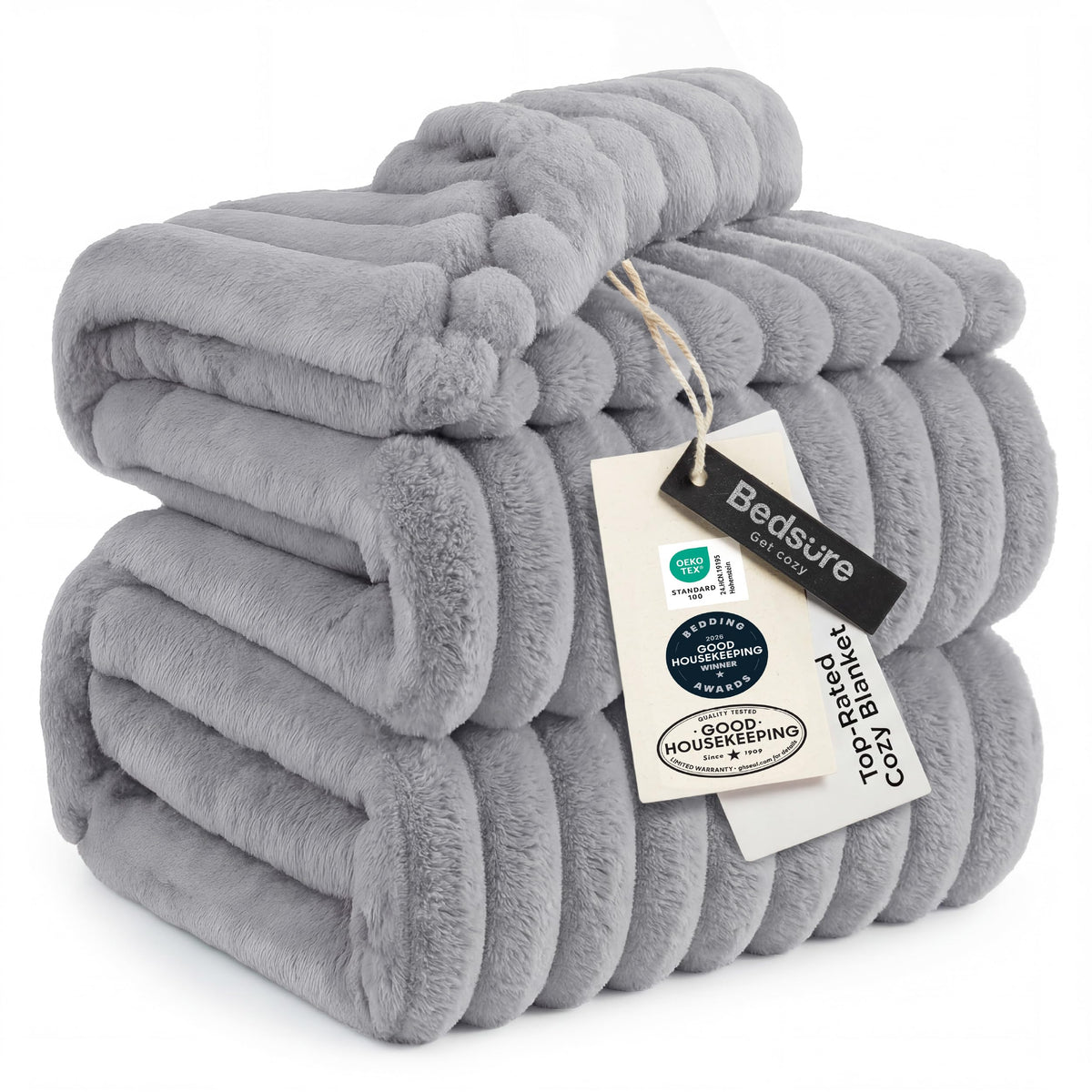 Bedsure front view of light grey king blanket showing neat fold and packaging benefit