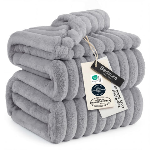 Bedsure front view of light grey king blanket showing neat fold and packaging benefit