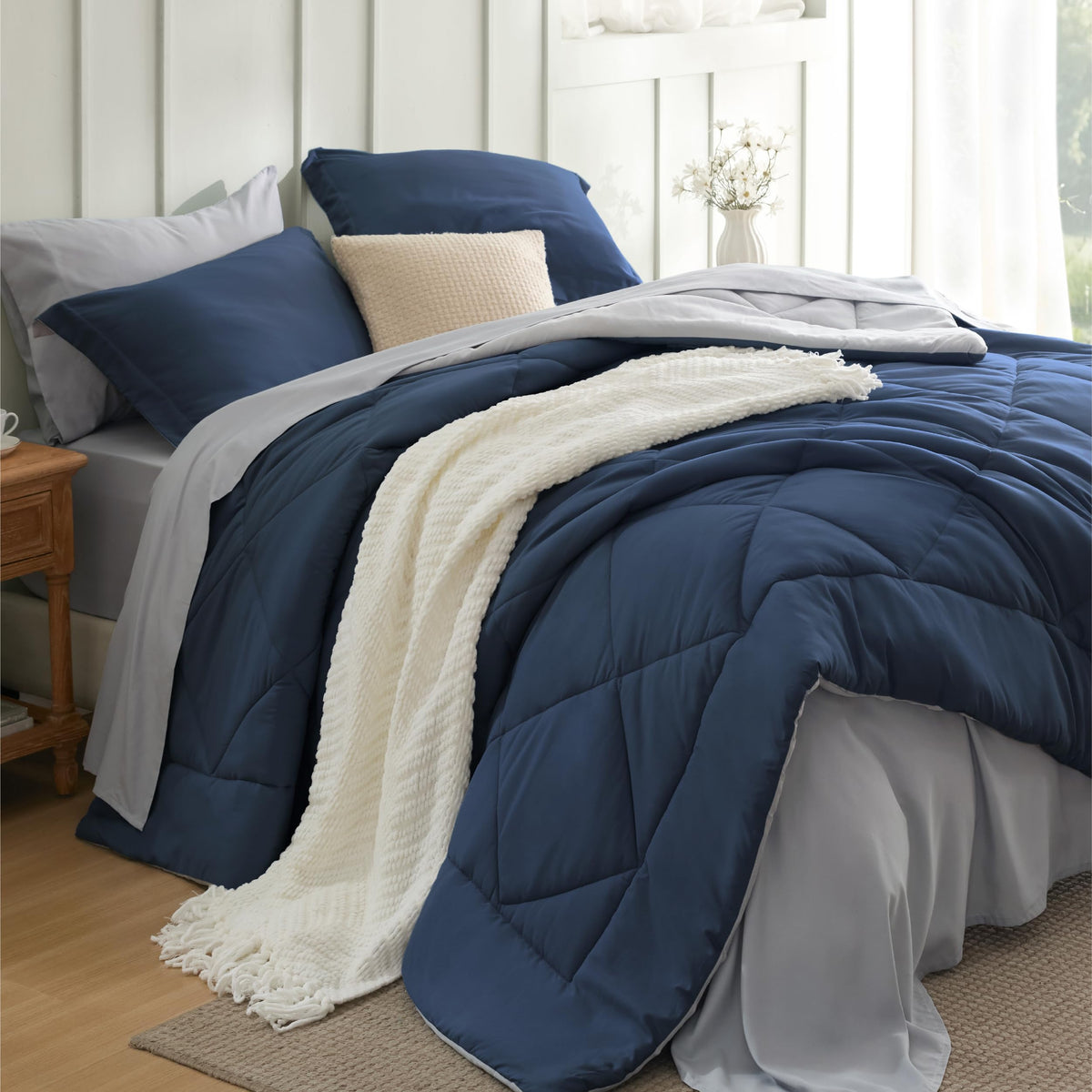 Bedsure front view of navy and silver grey set showing full coordination and easy setup