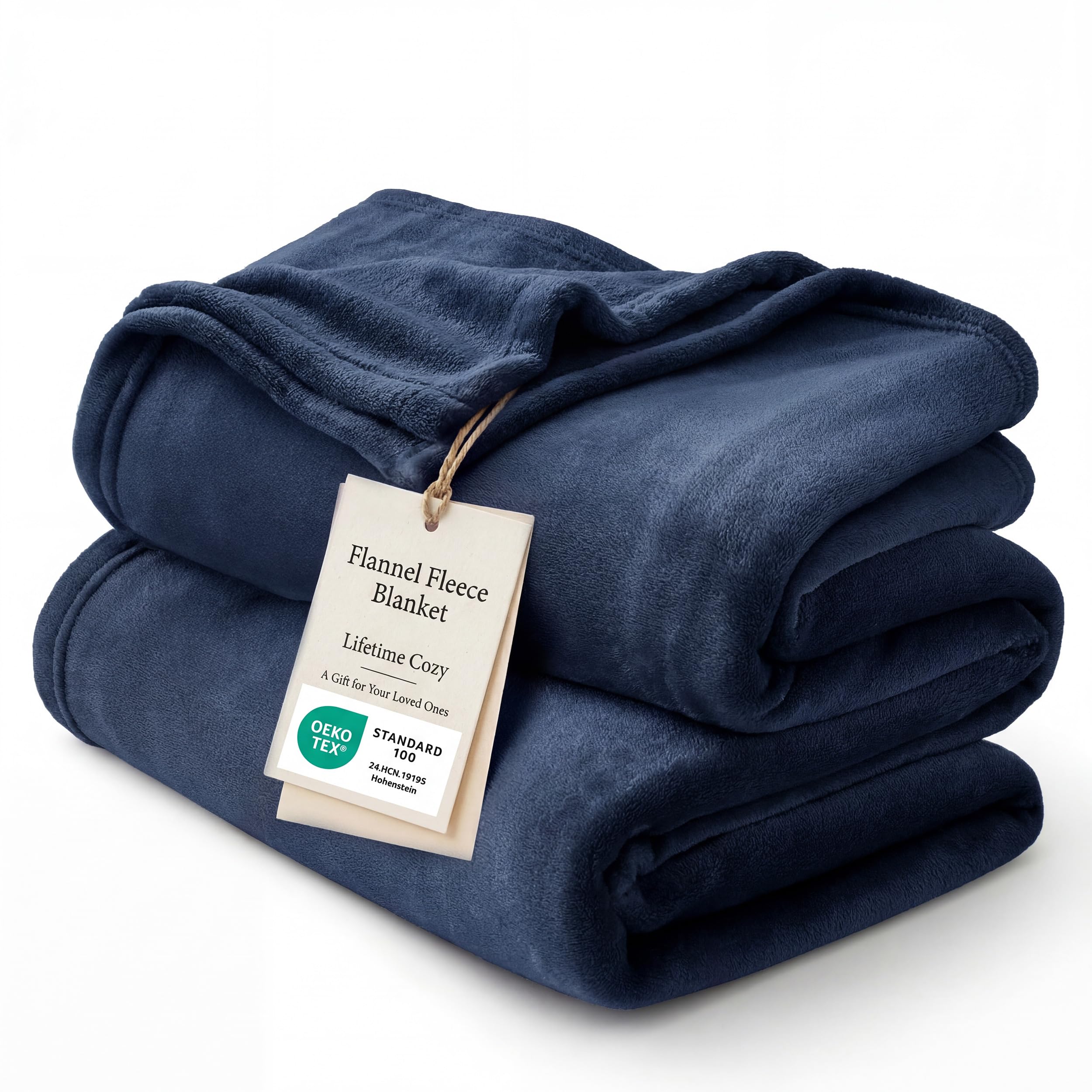 Bedsure front view showing navy blanket folded, highlights cozy look and inviting warmth