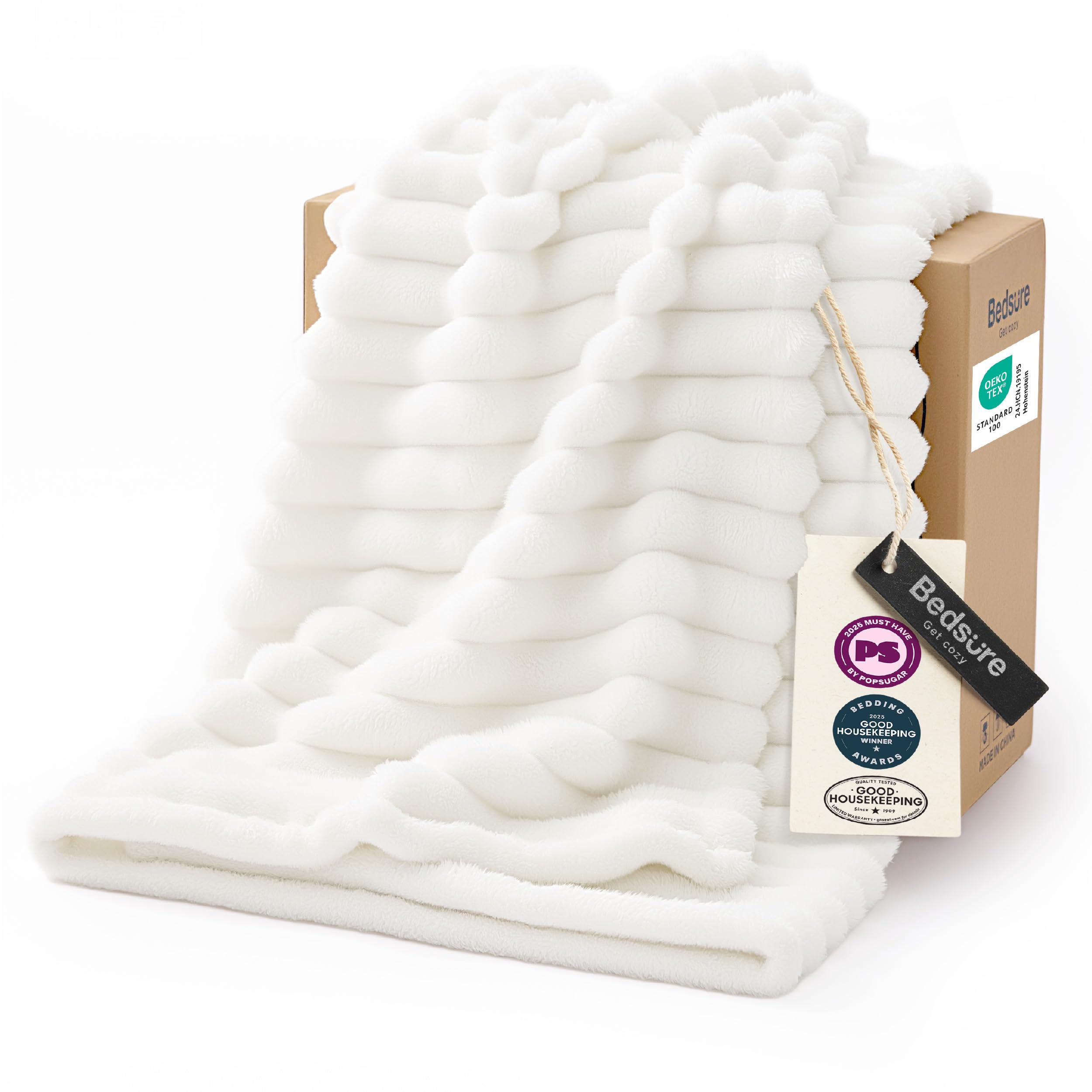Bedsure front view of off white Twin XL blanket showing full size and neutral color, comfort for dorms