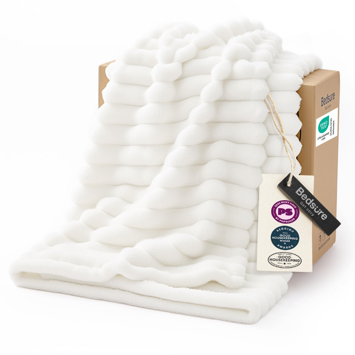 Bedsure front view of off white Twin XL blanket showing full size and neutral color, comfort for dorms