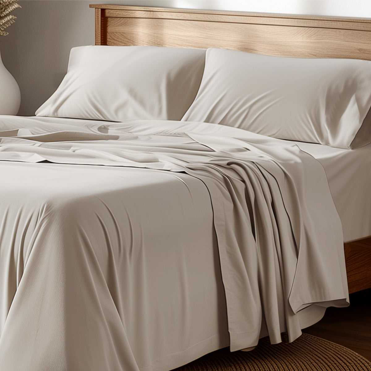 Bedsure front view of queen sheet set showing tidy packaging and product benefit
