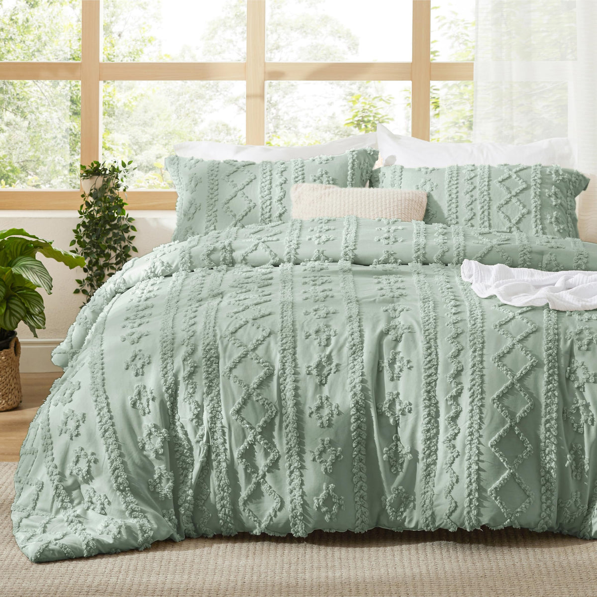 Bedsure front view of sage green comforter set showing full bedding design and cozy benefit