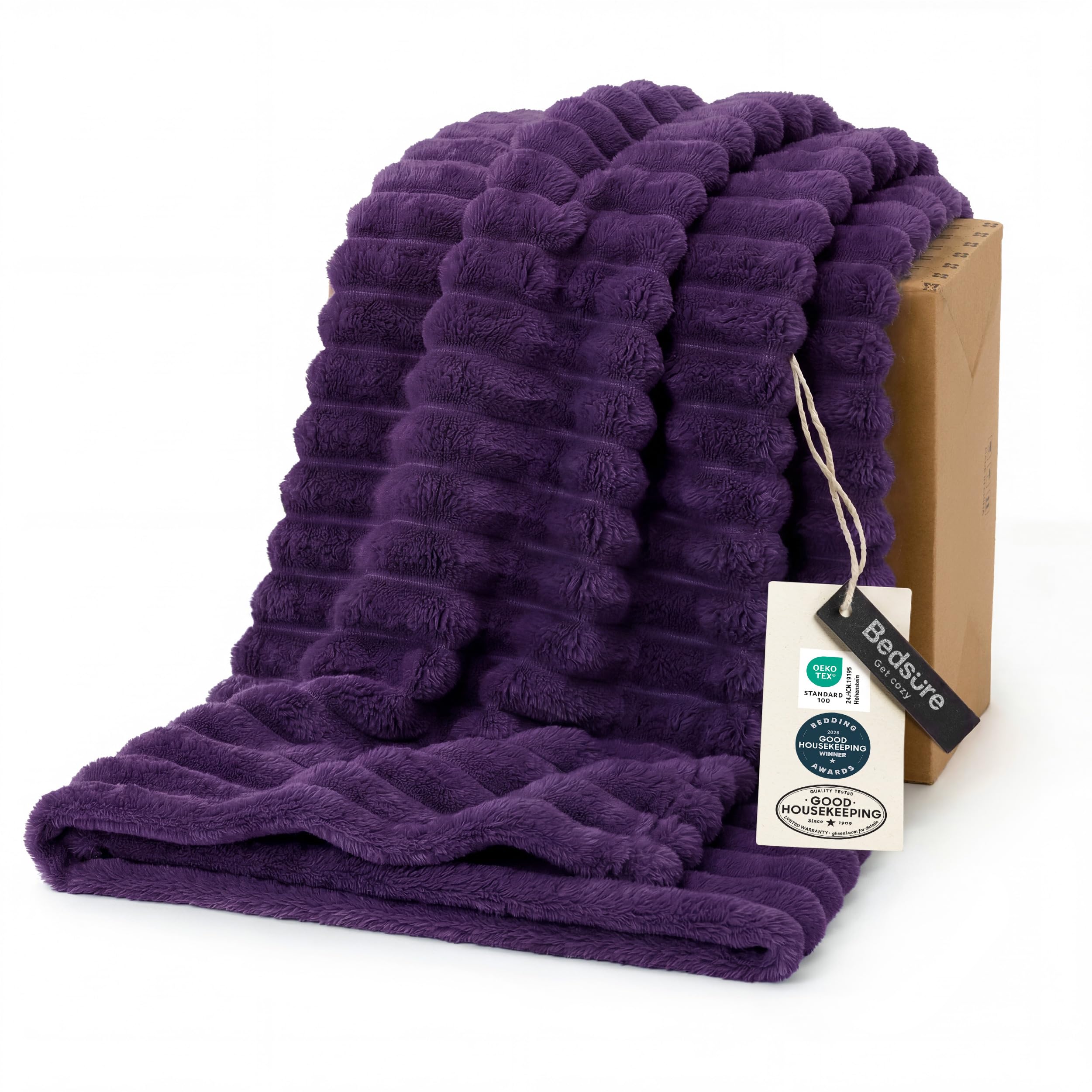 Bedsure front view of purple throw showing neat fold and inviting texture for decor