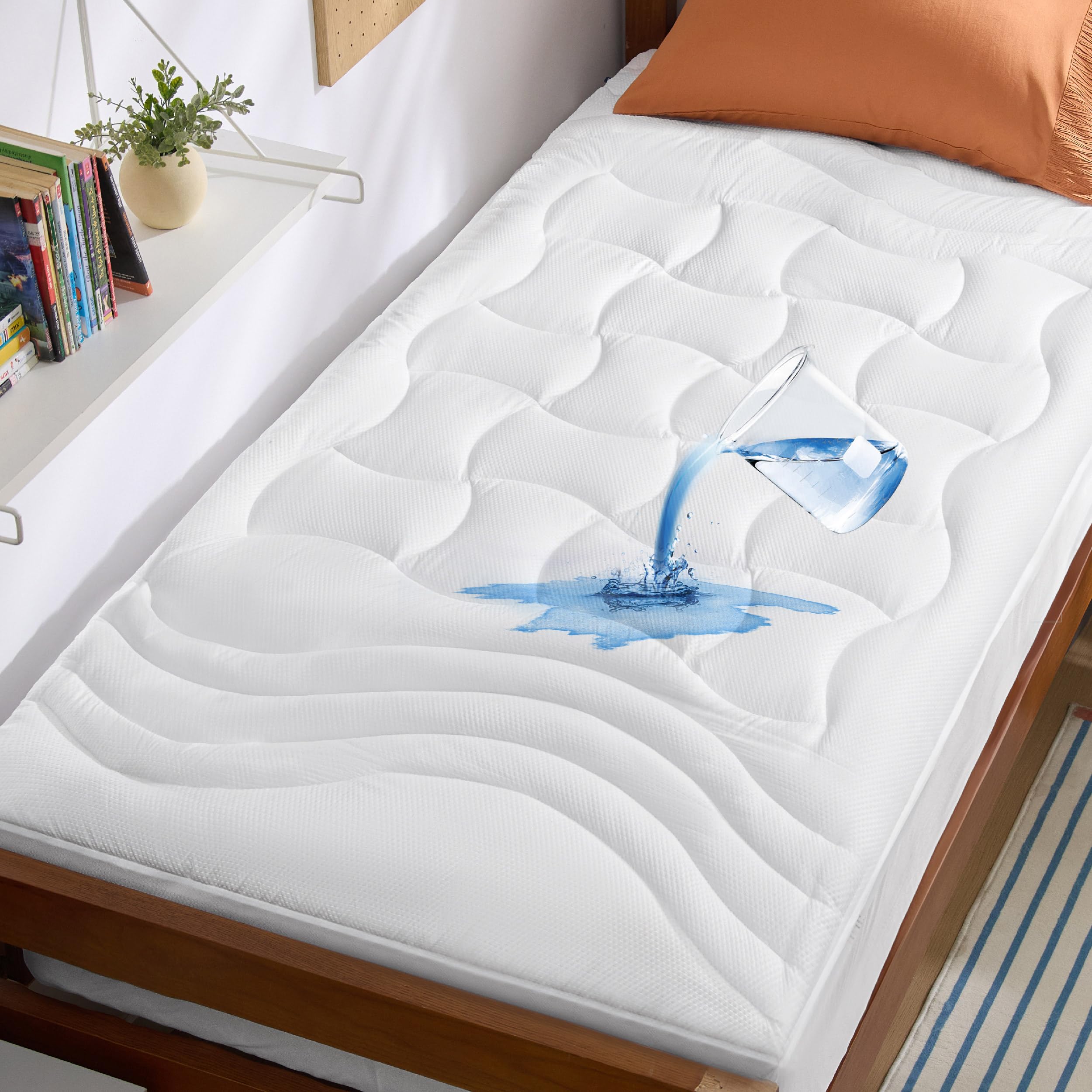 Bedsure front view showing full Twin XL protector and neat fit benefit