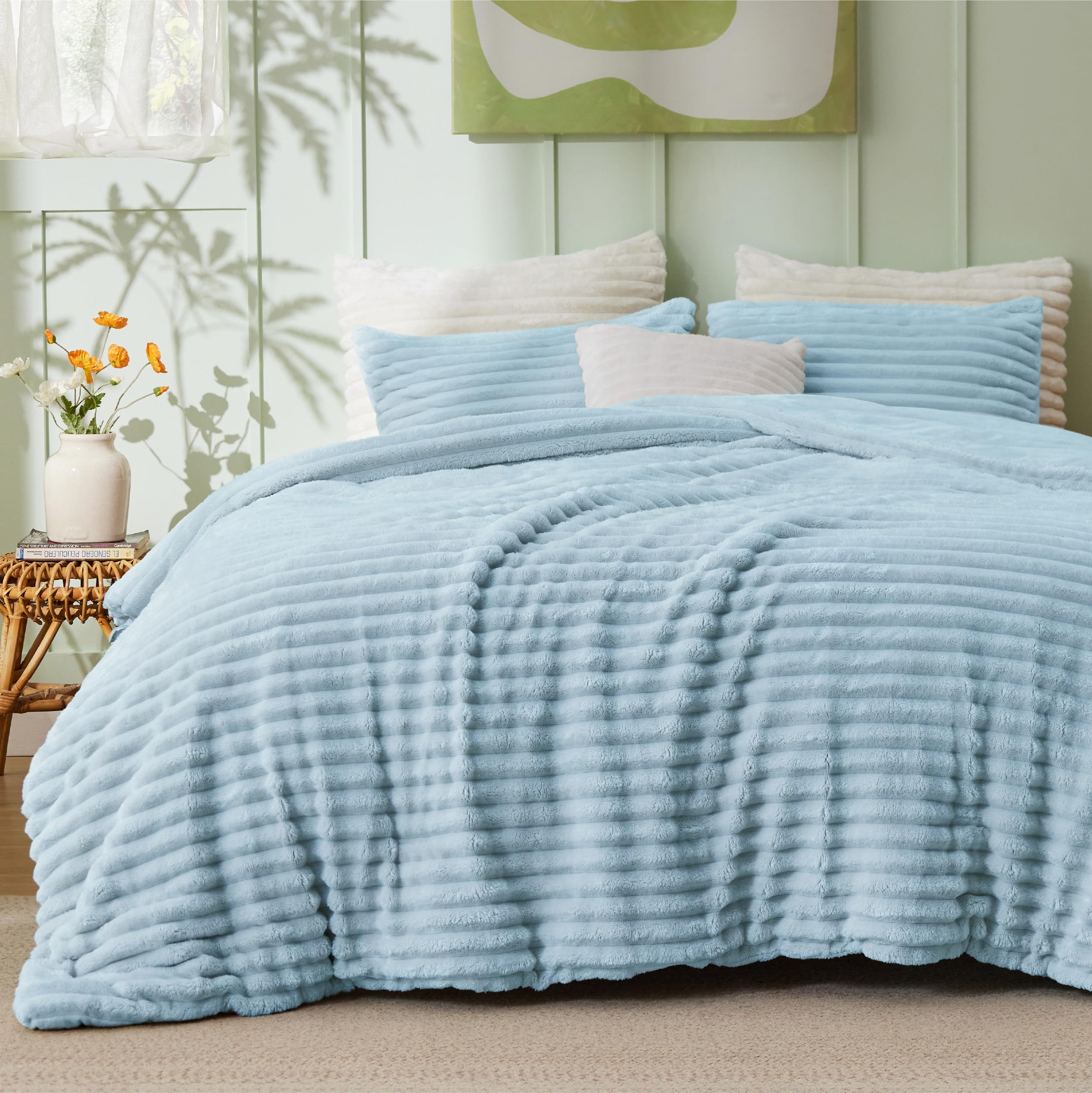 Bedsure front view showing light blue comforter and neat presentation for immediate coziness
