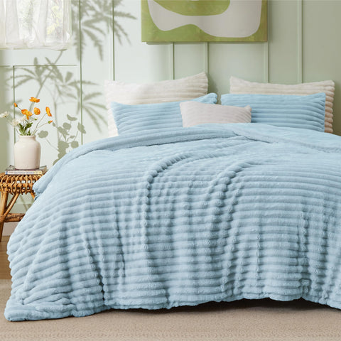 Bedsure front view showing light blue comforter and neat presentation for immediate coziness