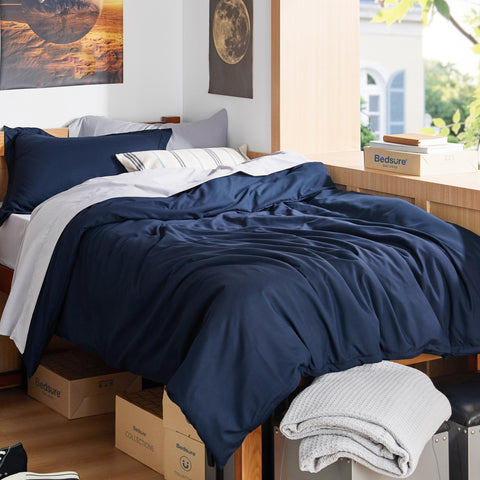Bedsure duvet cover front view showing navy color and neat finish for a polished bed