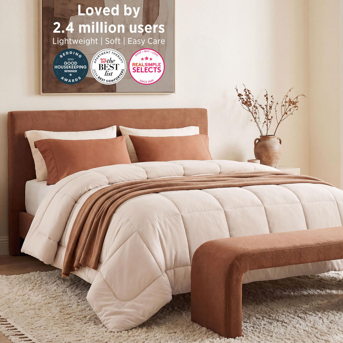 Bedsure front view beige comforter showing full coverage and cozy look
