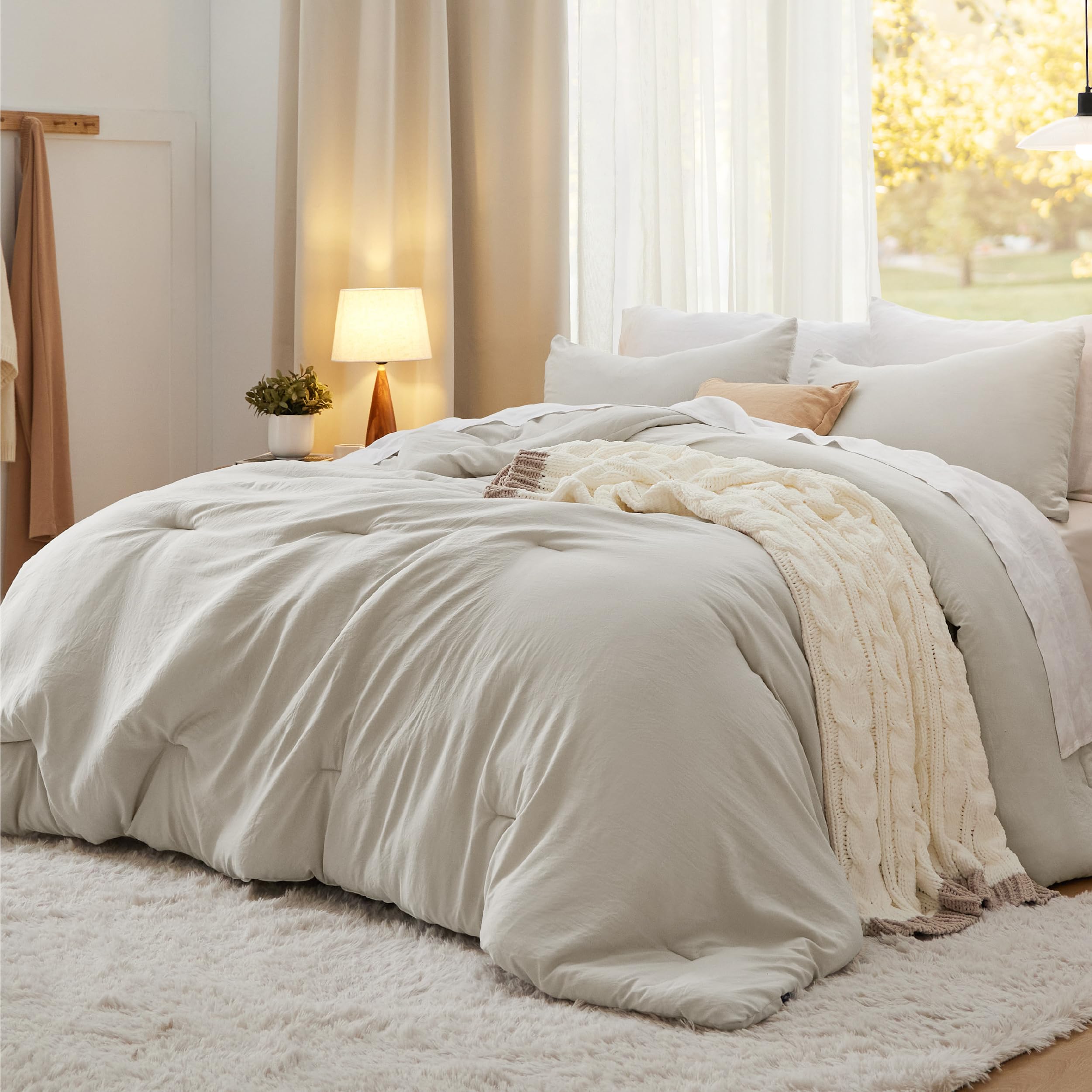 Bedsure front view beige comforter showing generous drape and cozy look