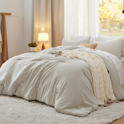 Bedsure front view beige comforter showing generous drape and cozy look