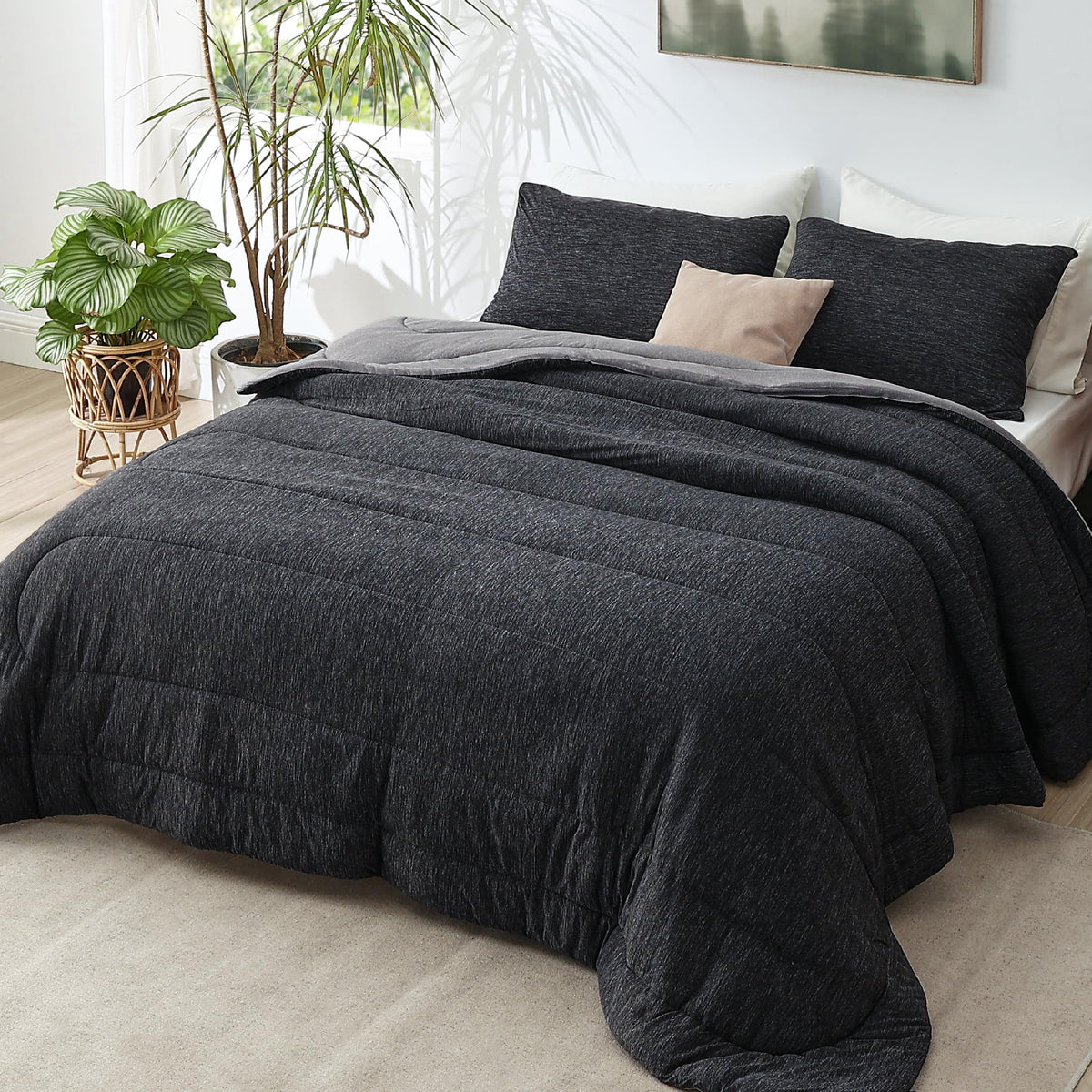 Bedsure front view showing full black comforter set and modern bedroom styling benefit