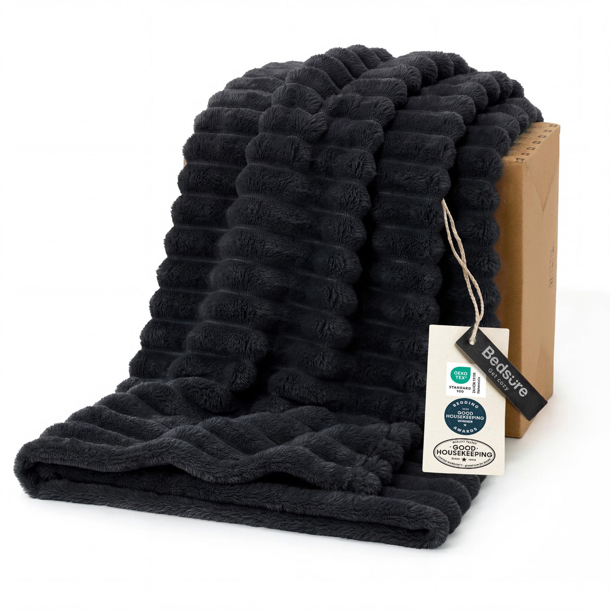 Bedsure front view of black striped blanket showing cozy coverage and style