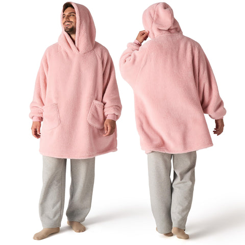 Bedsure front view pink wearable blanket hoodie shows cozy coverage and style