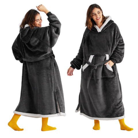 Bedsure front view of charcoal wearable blanket hoodie showing cozy full coverage and style