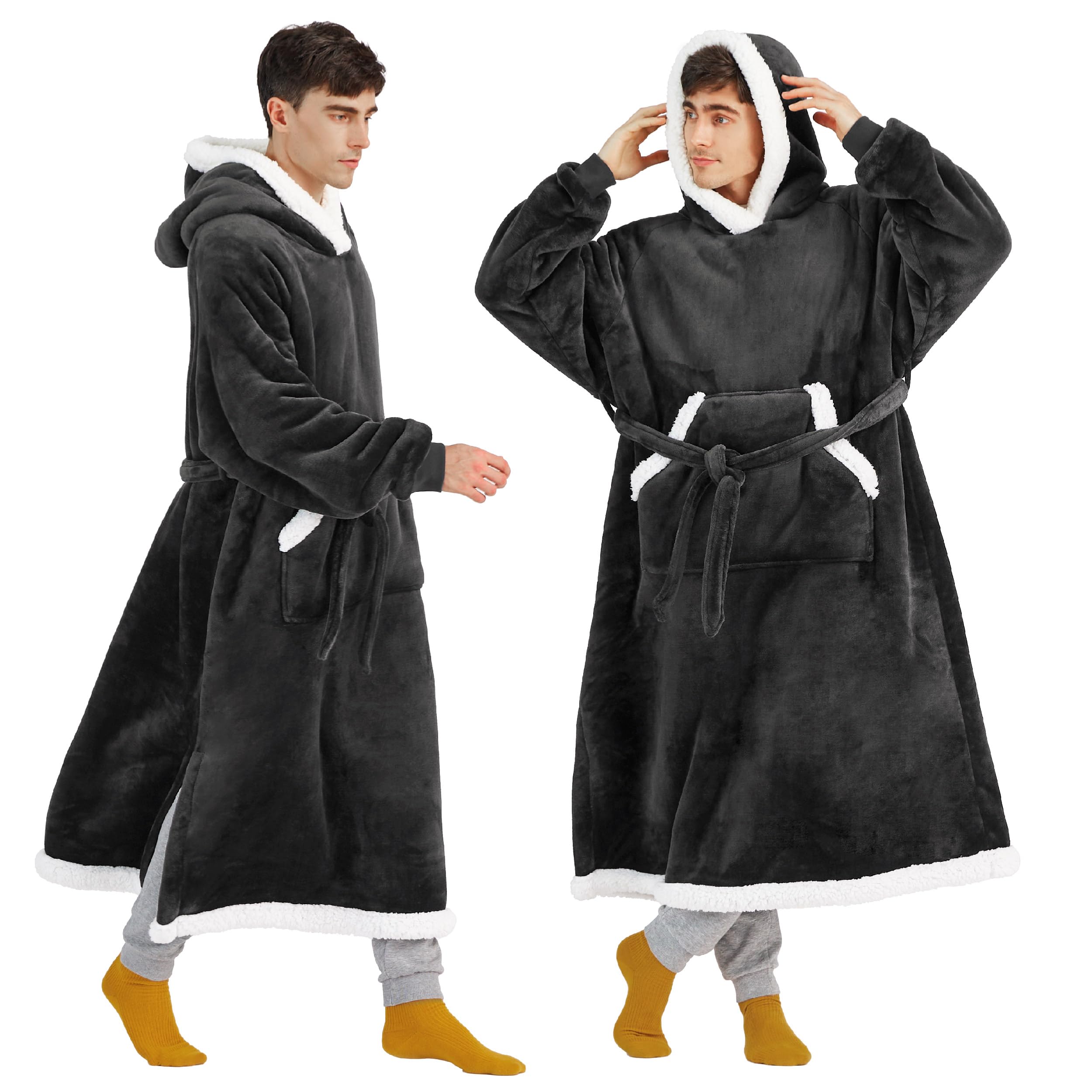 Bedsure front view of charcoal wearable blanket hoodie showing full-length coverage and cozy look