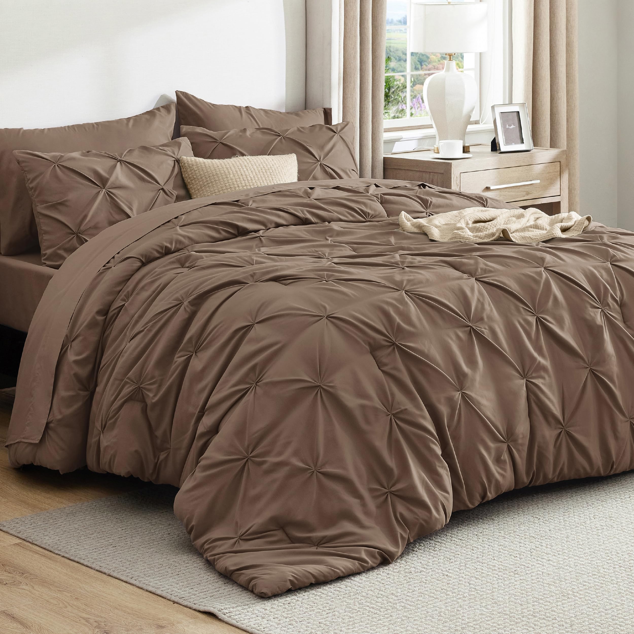 Bedsure front view brown comforter set showing polished hotel-style look