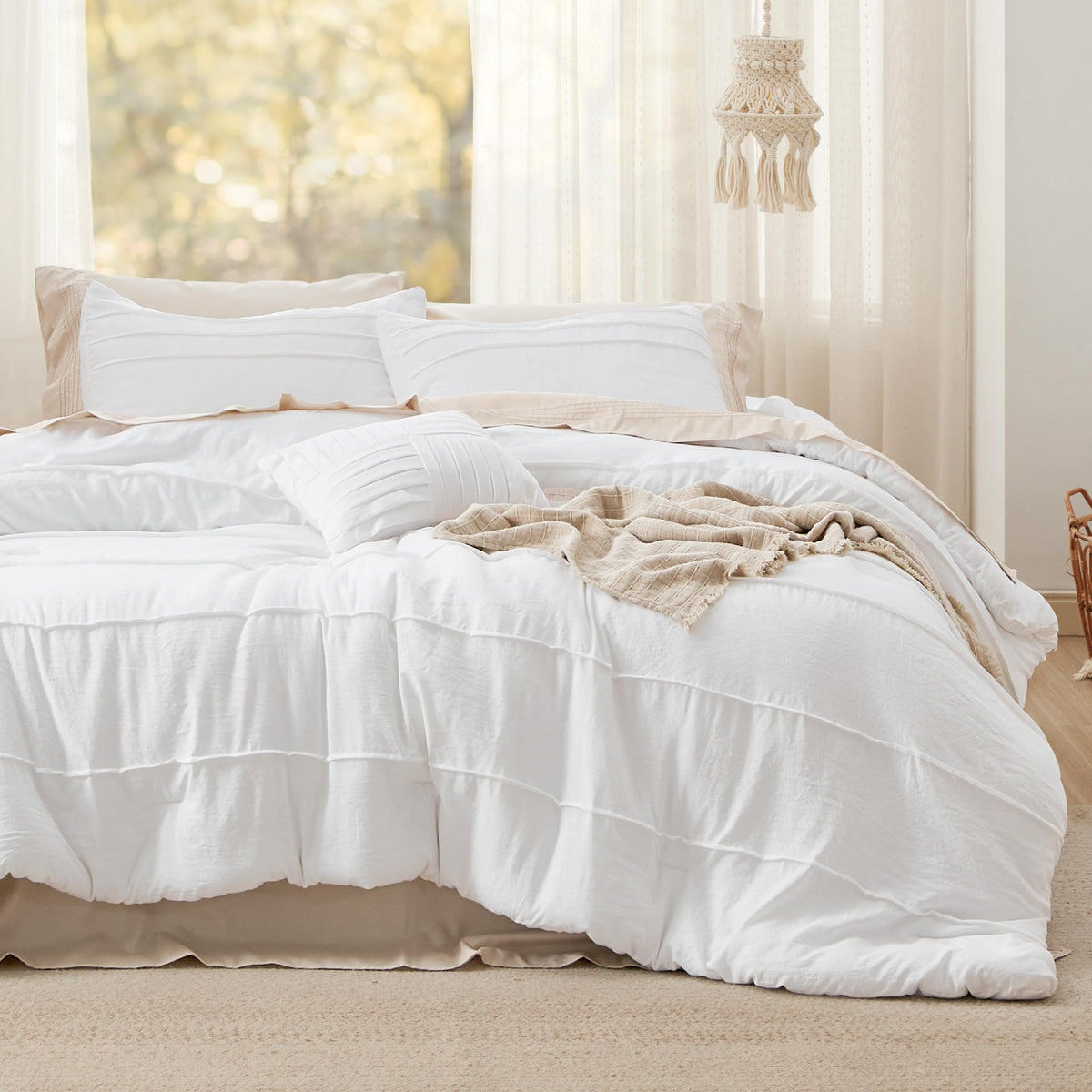 Bedsure front view showing blush white pinch-pleat and elegant bedroom styling