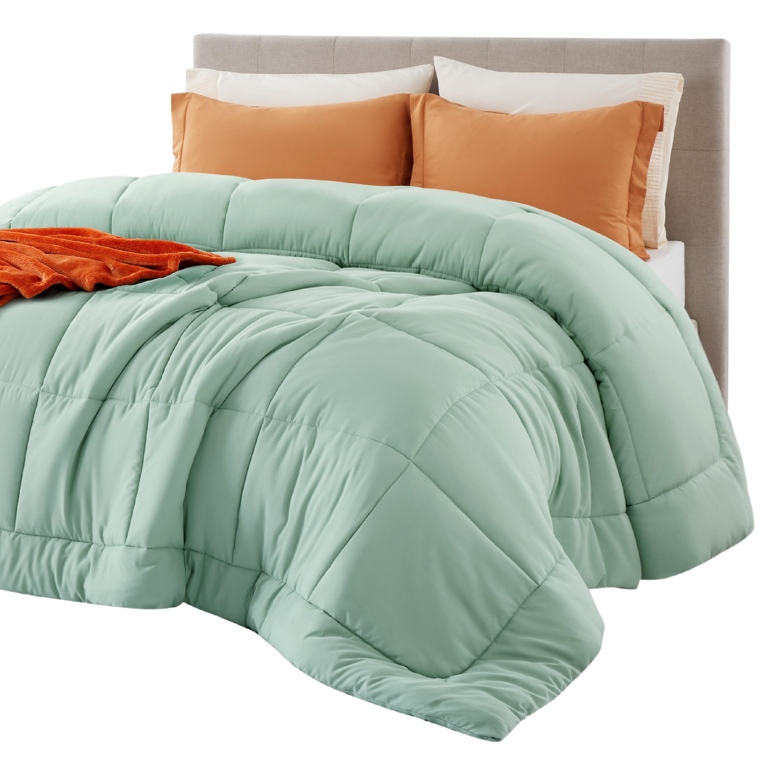 Bedsure front view of sage green comforter showing neat finish and style benefit