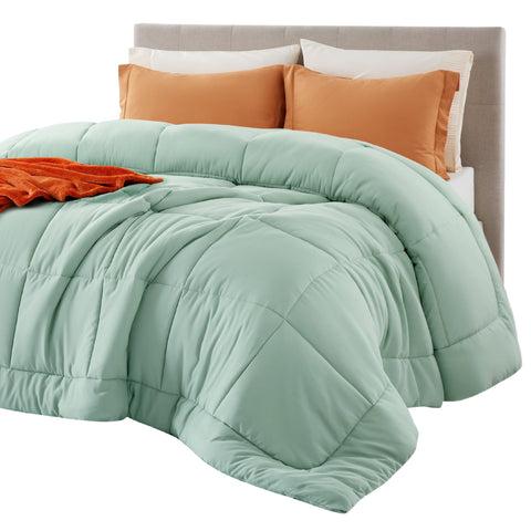 Bedsure front view of sage green comforter showing neat finish and style benefit