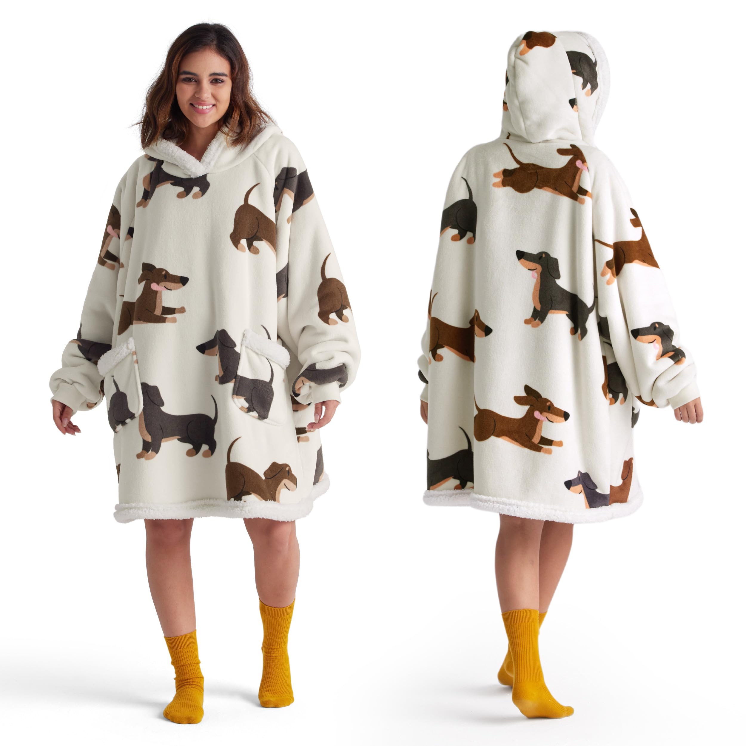 Bedsure front view showing dachshund print and cozy fit, adds cheerful warmth