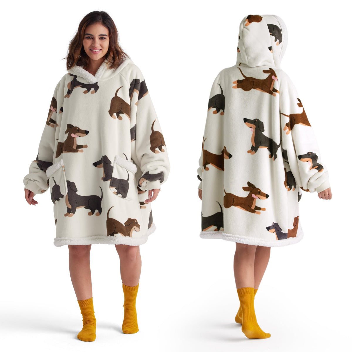 Bedsure front view showing dachshund print and cozy fit, adds cheerful warmth