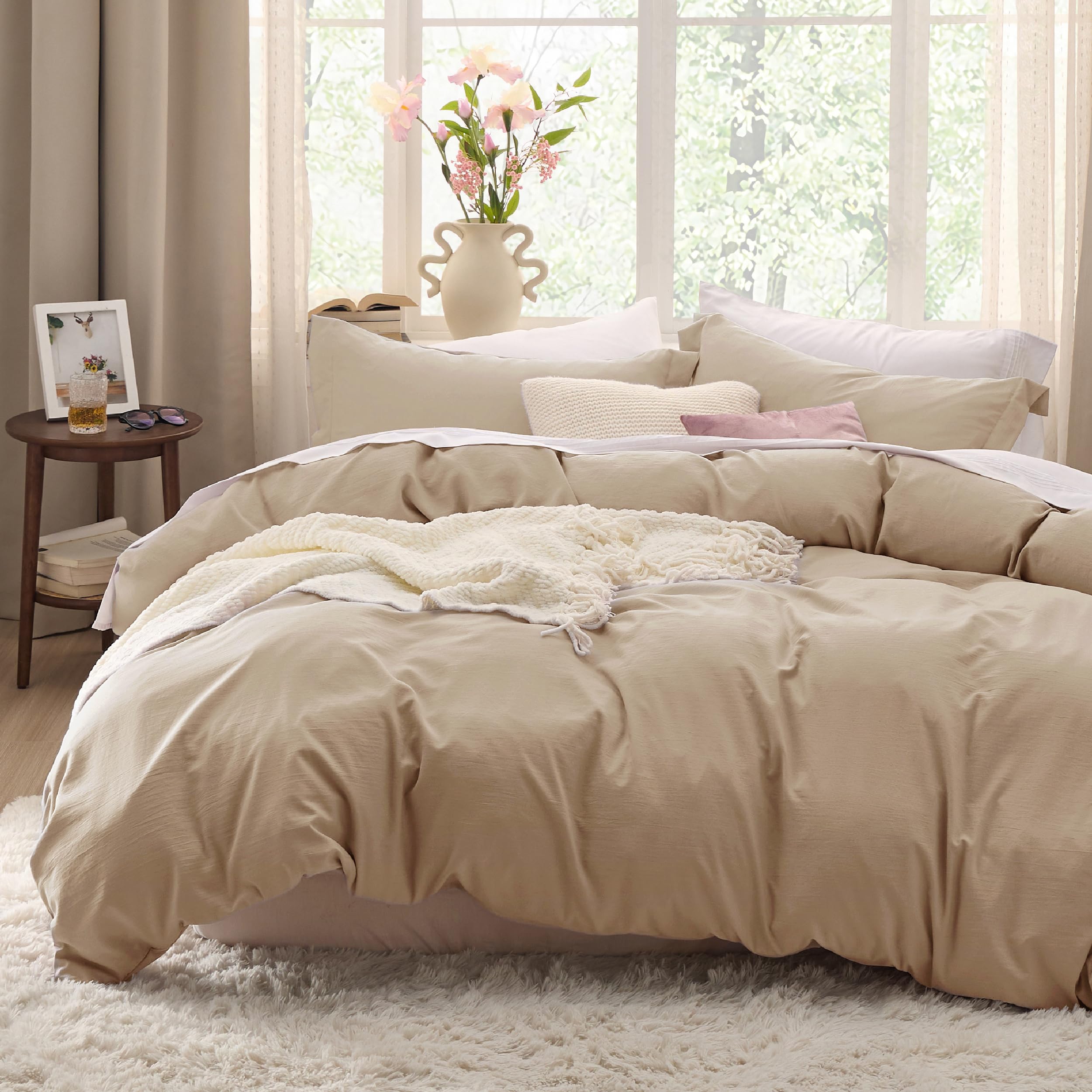 Bedsure front view duvet cover showing neat finish and calming light brown tone for versatile decor
