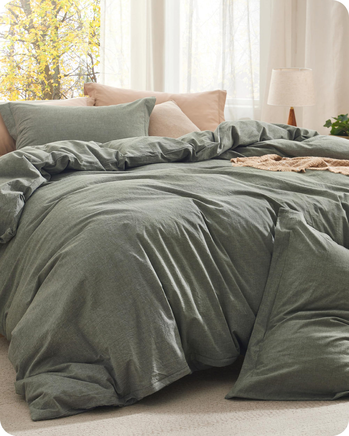 Bedsure front view of grayish olive comforter shows cozy appeal
