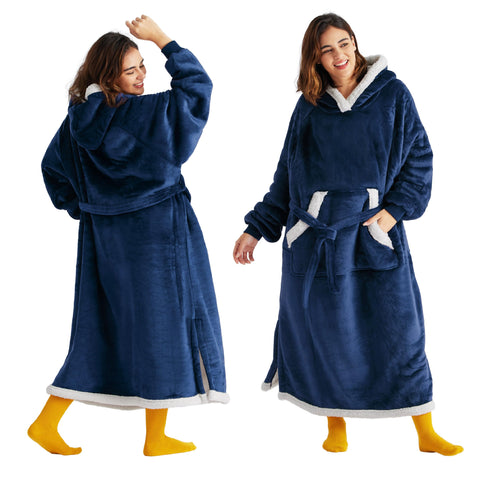 bedsure hooded blanket front view in navy showing full coverage and cozy style