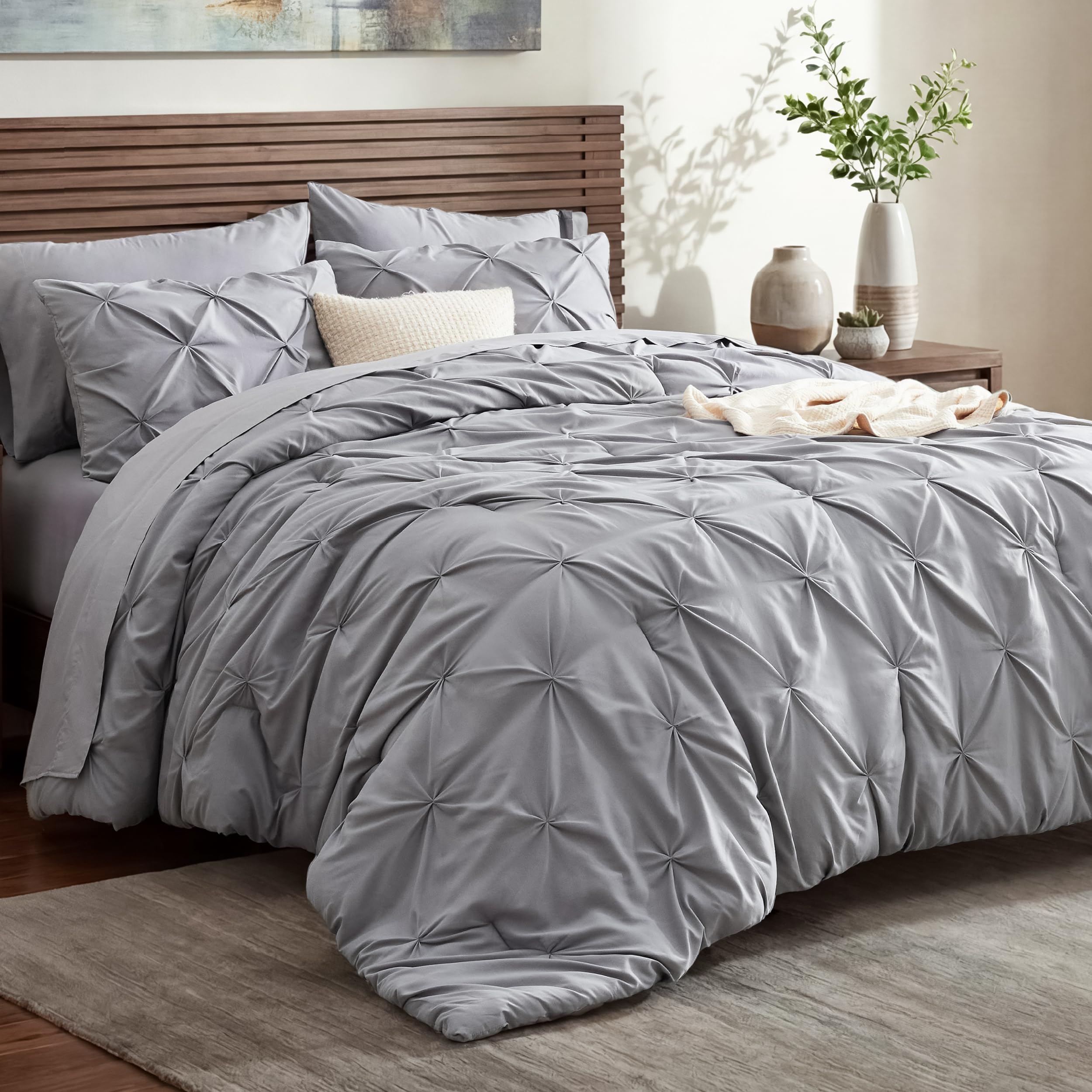 Bedsure front view of full grey 7-piece set showing cohesive luxury
