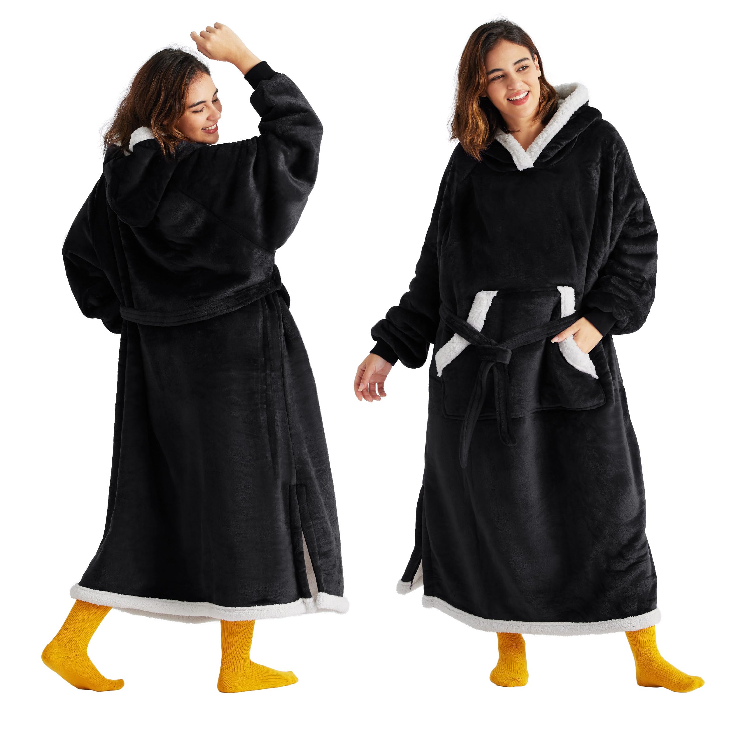 Bedsure front view of long black wearable blanket hoodie showing cozy fit