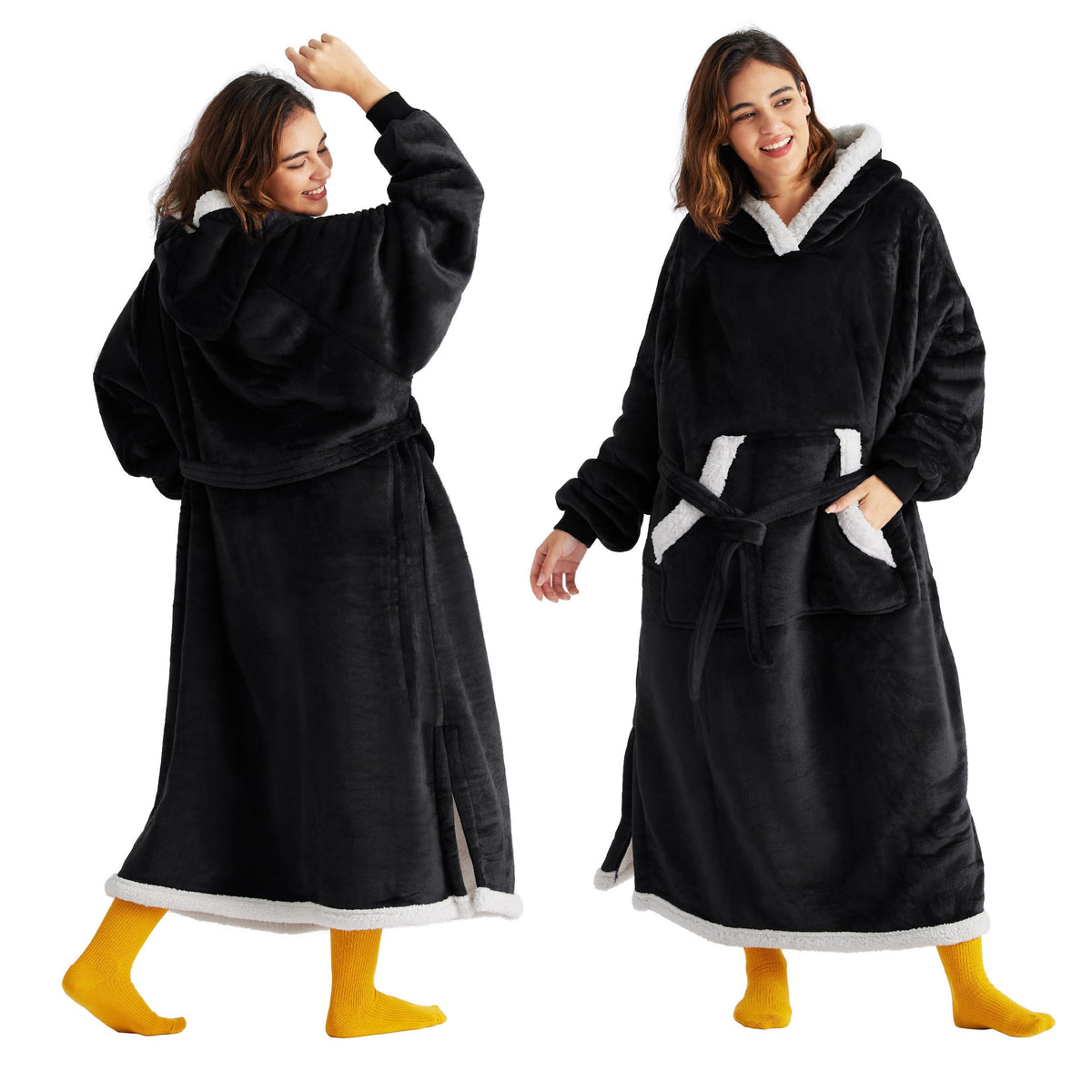 Bedsure front view of long black wearable blanket hoodie showing cozy fit