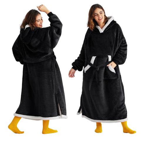 Bedsure front view of long black wearable blanket hoodie showing cozy fit