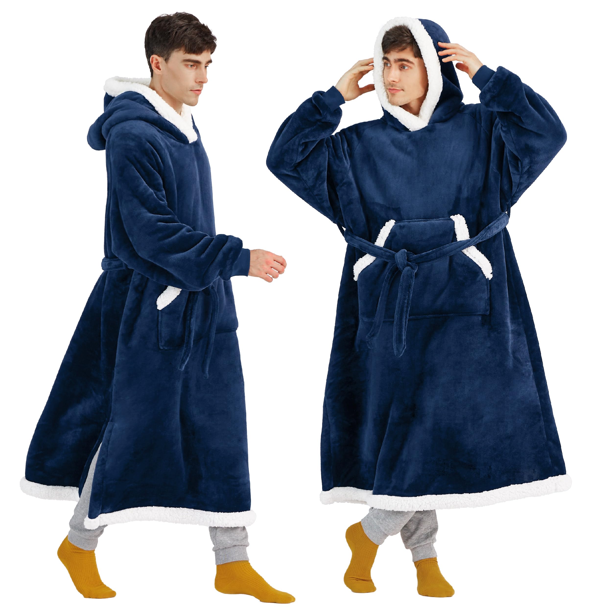 Bedsure navy wearable blanket hoodie front view showing full-length warmth and comfort