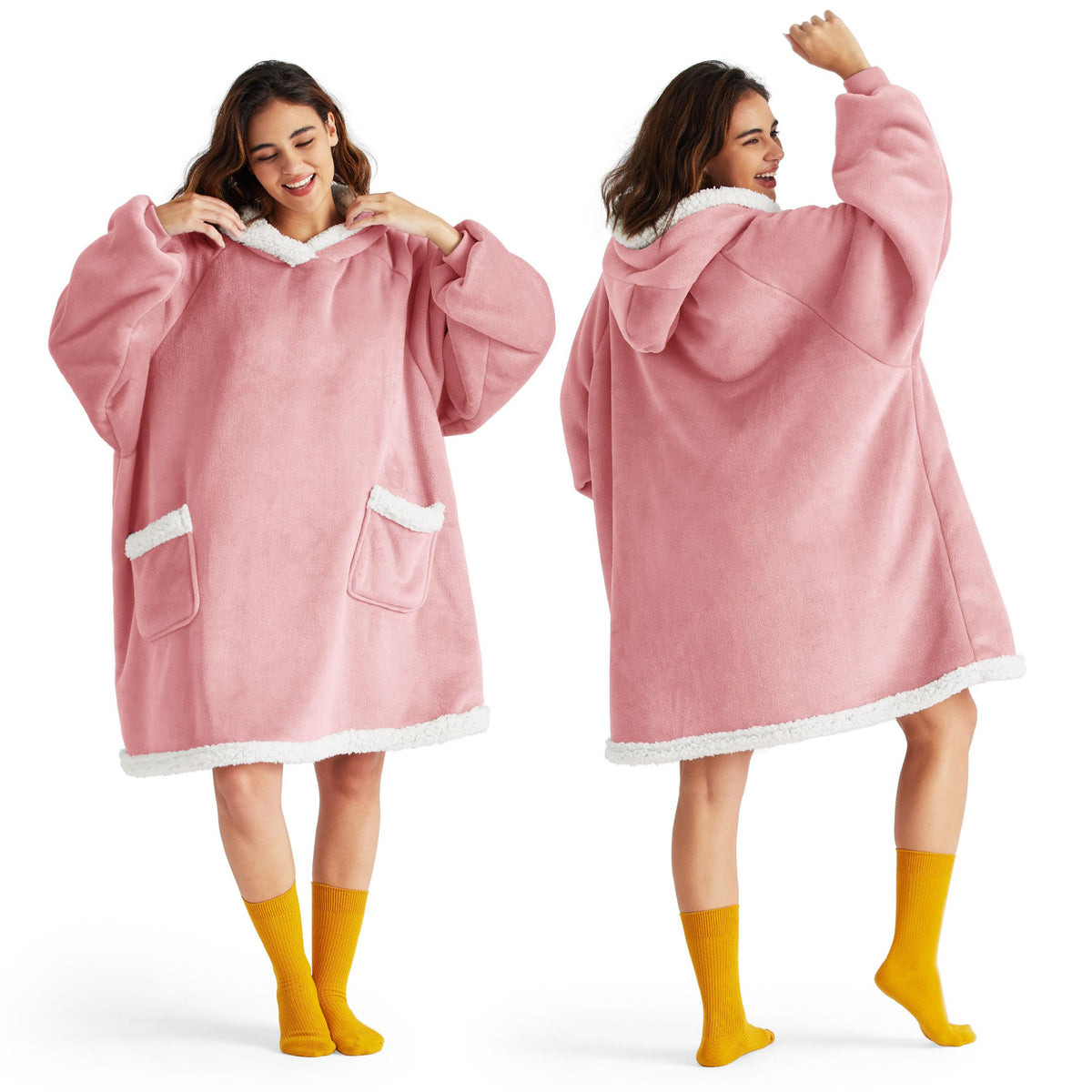 Bedsure front view of pink wearable blanket hoodie showing cozy fit and warmth