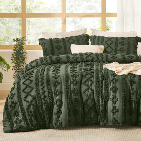 Bedsure front view of queen comforter showing olive green boho style and cozy appeal