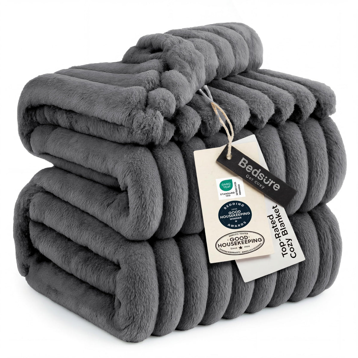 Bedsure front packaging showing frost gray blanket and product branding for quick recognition
