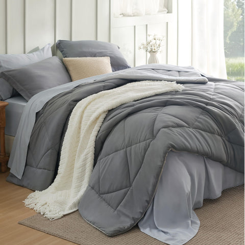 Bedsure front view of full 7-piece bed set showing coordinated grey tones and complete layout