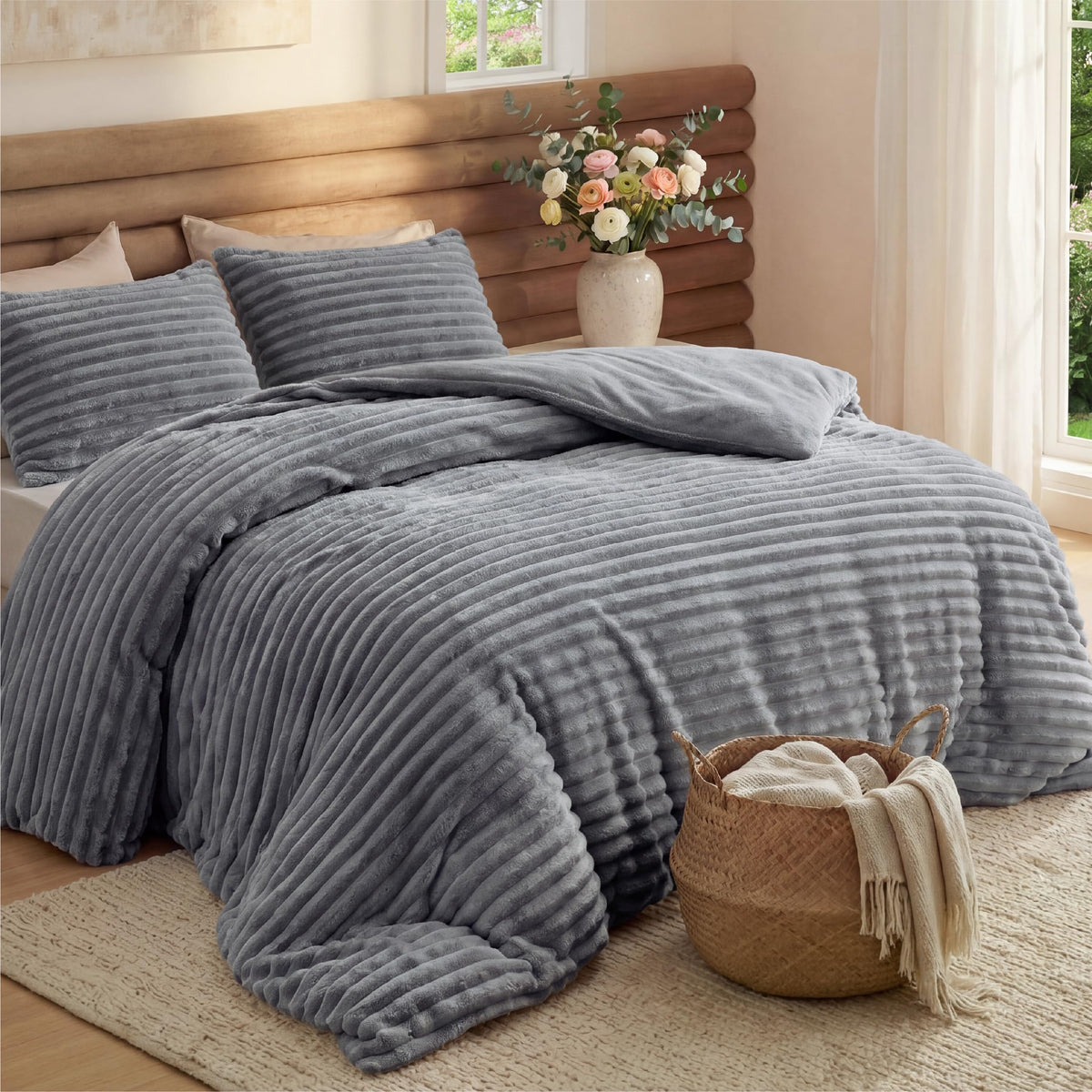 Bedsure full comforter front view showing grey striped fleece and plush look