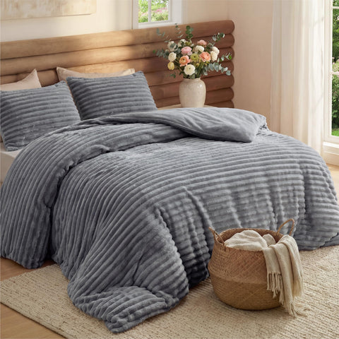 Bedsure full comforter front view showing grey striped fleece and plush look