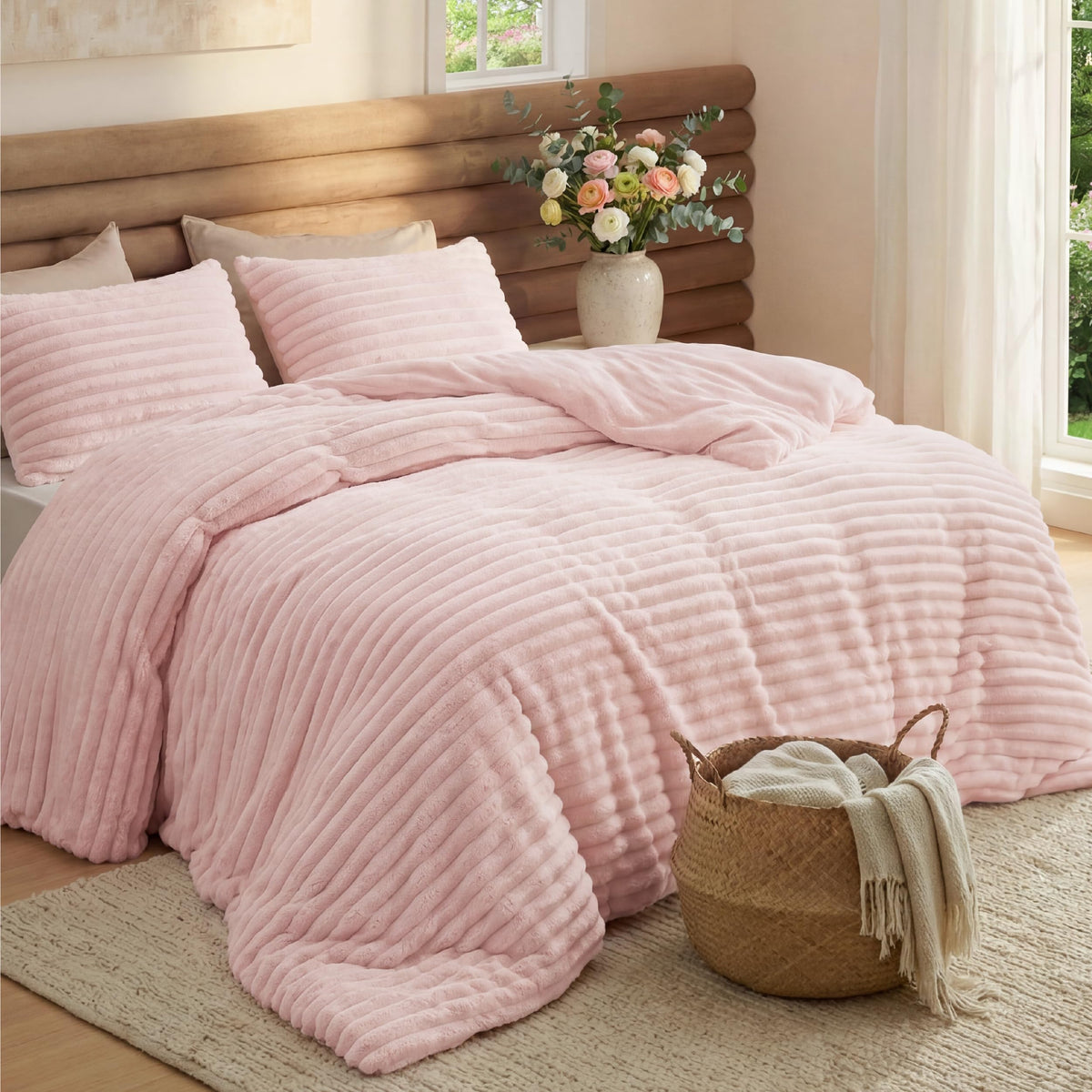 Bedsure front view of full comforter showing cozy pink coverage and inviting warmth
