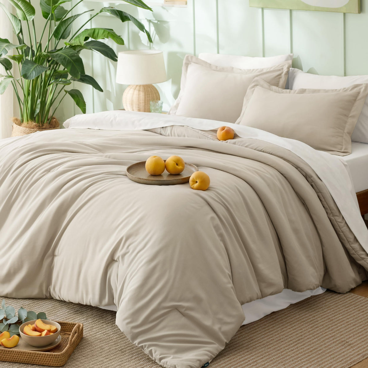 Bedsure full set front view showing coordinated beige bedding and tidy finish